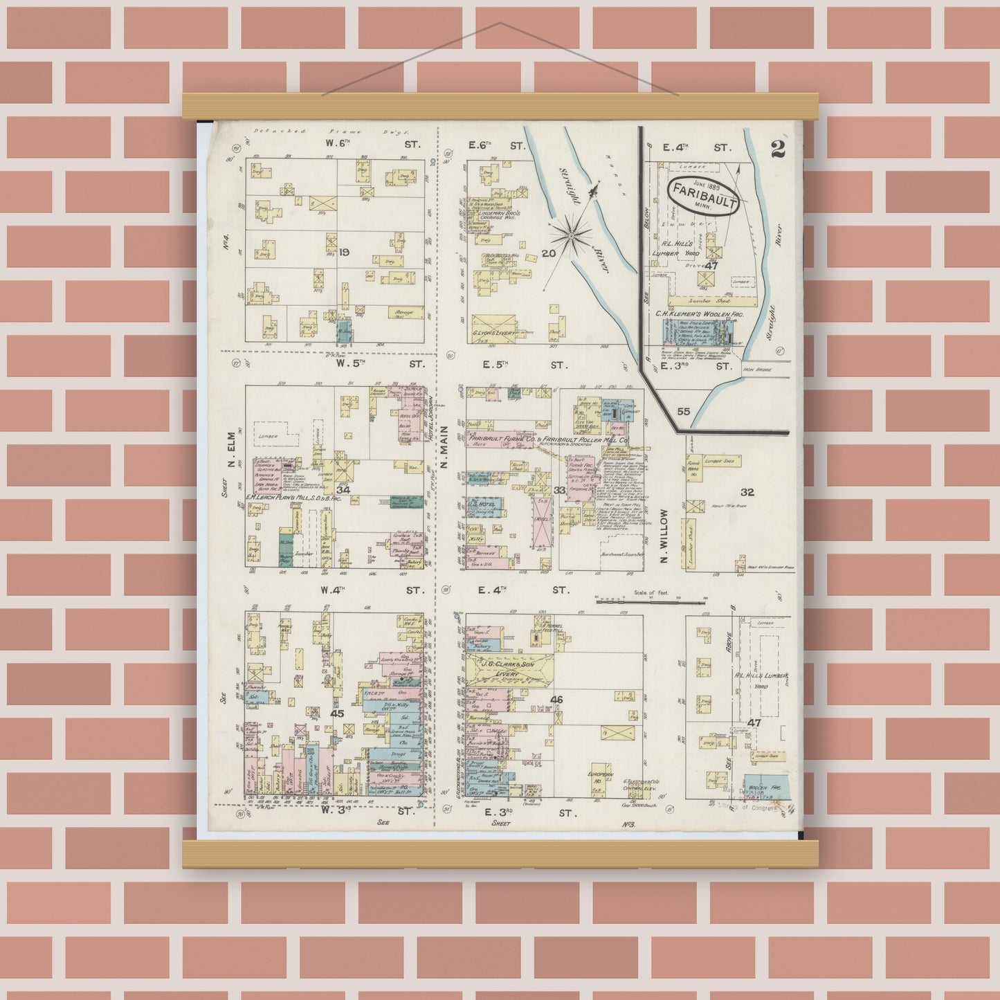 Old map wall art mockup — magnetic wood frame on brick wall — Sanborn Fire Insurance Map from Faribault, Rice County, Minnesota (1889), Sheet #0002