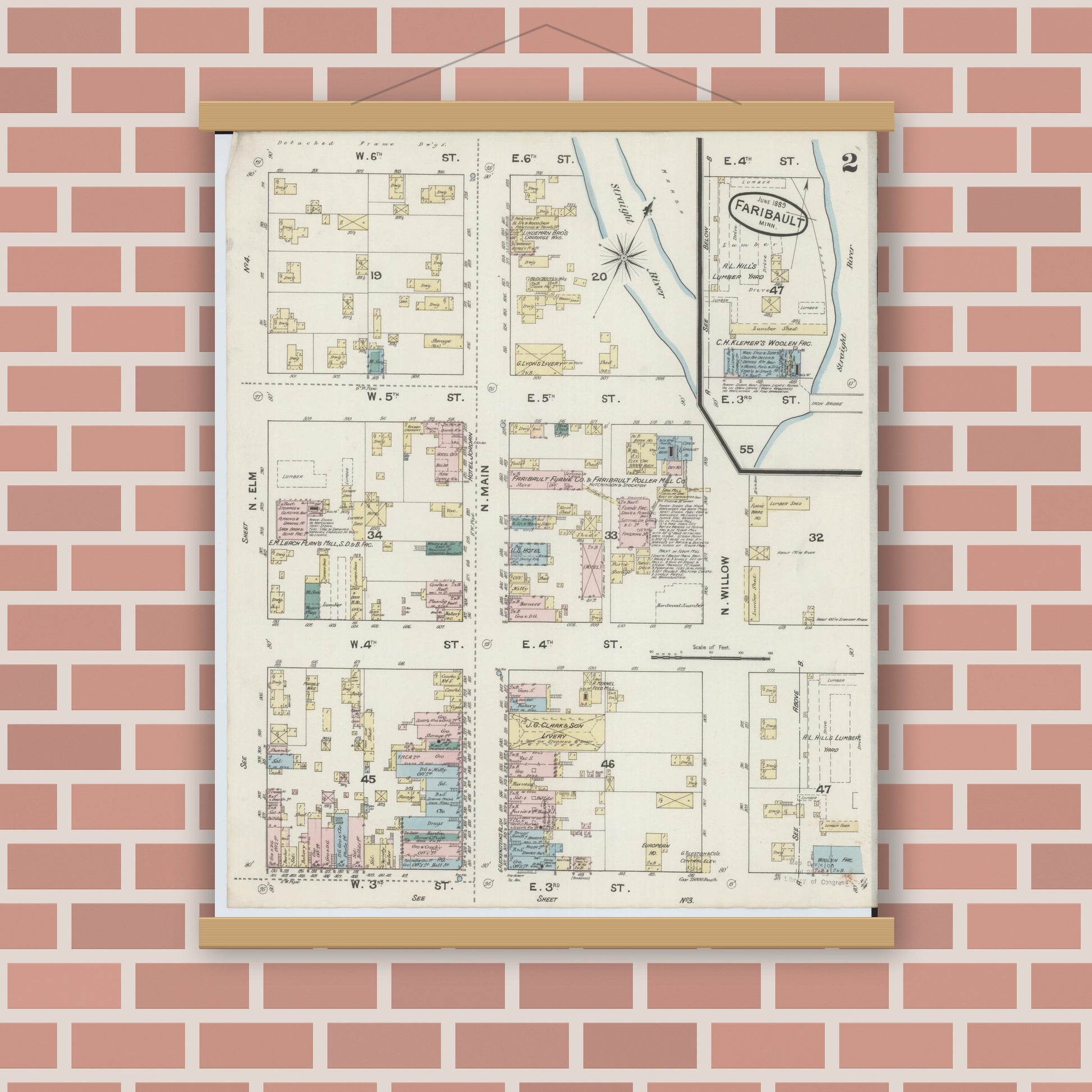 Old map wall art mockup — magnetic wood frame on brick wall — Sanborn Fire Insurance Map from Faribault, Rice County, Minnesota (1889), Sheet #0002