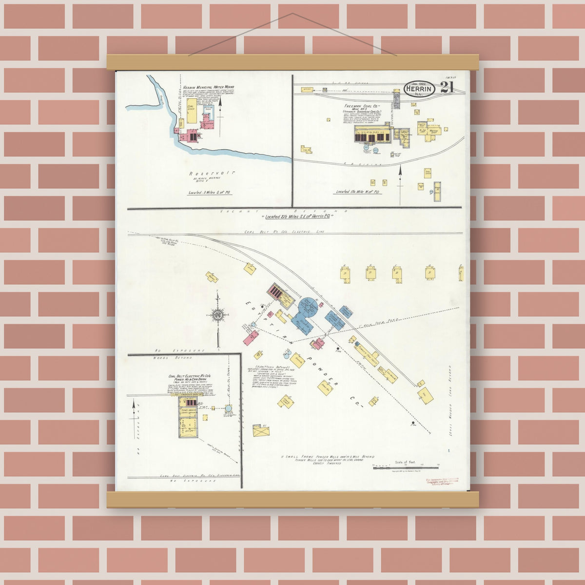 Old map wall art mockup — magnetic wood frame on brick wall — Sanborn Fire Insurance Map from Herrin, Williamson County, Illinois (1922), Sheet #0021