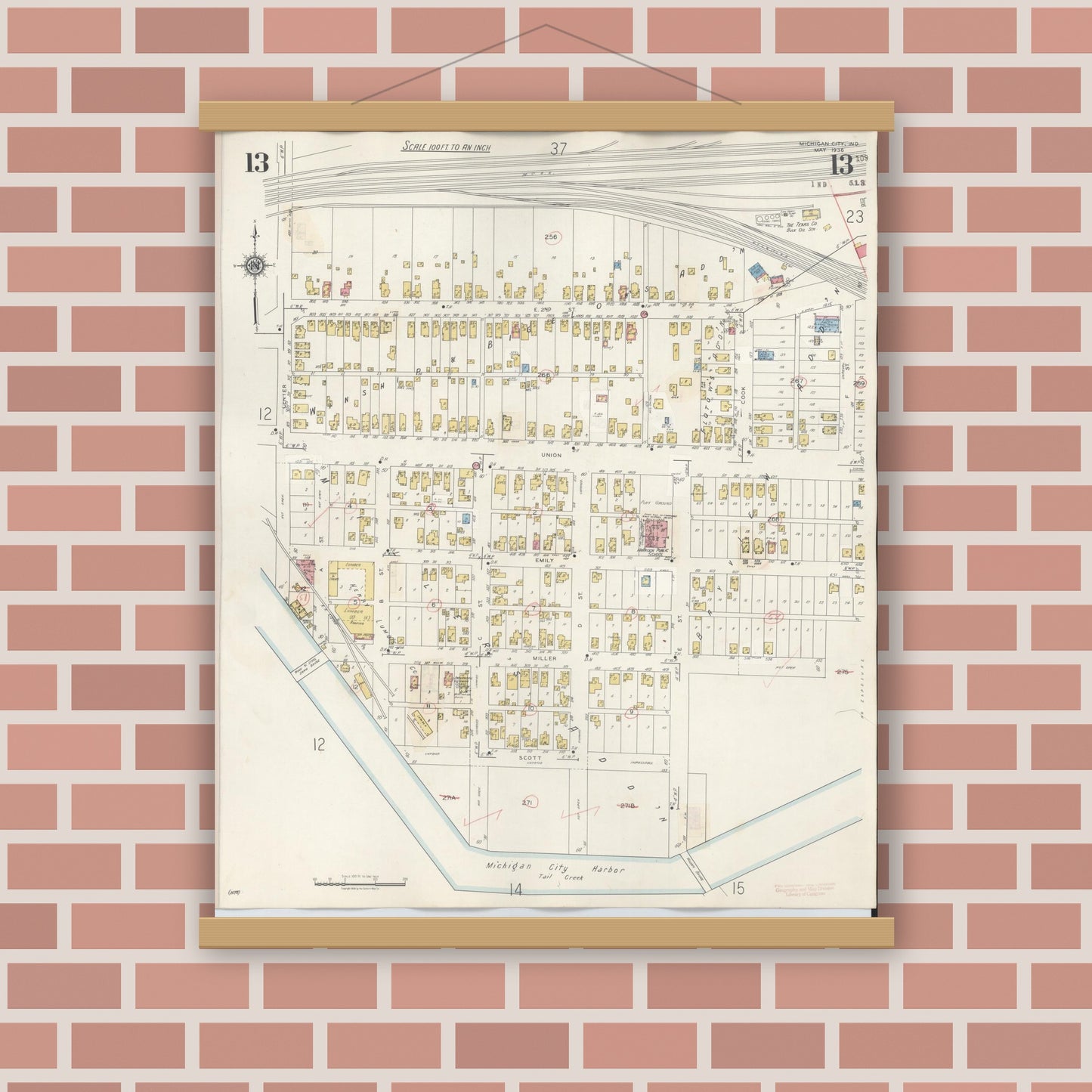 Old map wall art mockup — magnetic wood frame on brick wall — Sanborn Fire Insurance Map from Michigan City, La Porte County, Indiana (1948), Sheet #0013