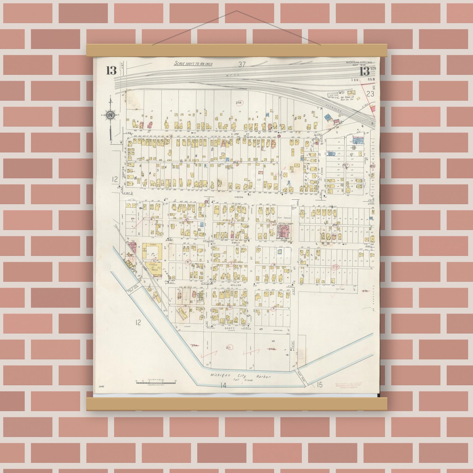 Old map wall art mockup — magnetic wood frame on brick wall — Sanborn Fire Insurance Map from Michigan City, La Porte County, Indiana (1948), Sheet #0013