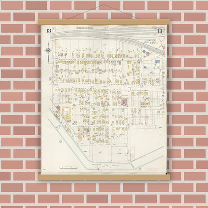 Old map wall art mockup — magnetic wood frame on brick wall — Sanborn Fire Insurance Map from Michigan City, La Porte County, Indiana (1948), Sheet #0013