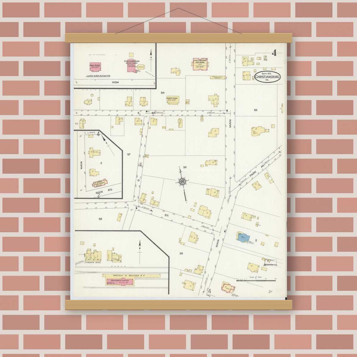 Old map wall art mockup — magnetic wood frame on brick wall — Sanborn Fire Insurance Map from Christiansburg, Montgomery County, Virginia (1913), Sheet #0004