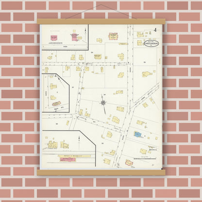Old map wall art mockup — magnetic wood frame on brick wall — Sanborn Fire Insurance Map from Christiansburg, Montgomery County, Virginia (1913), Sheet #0004