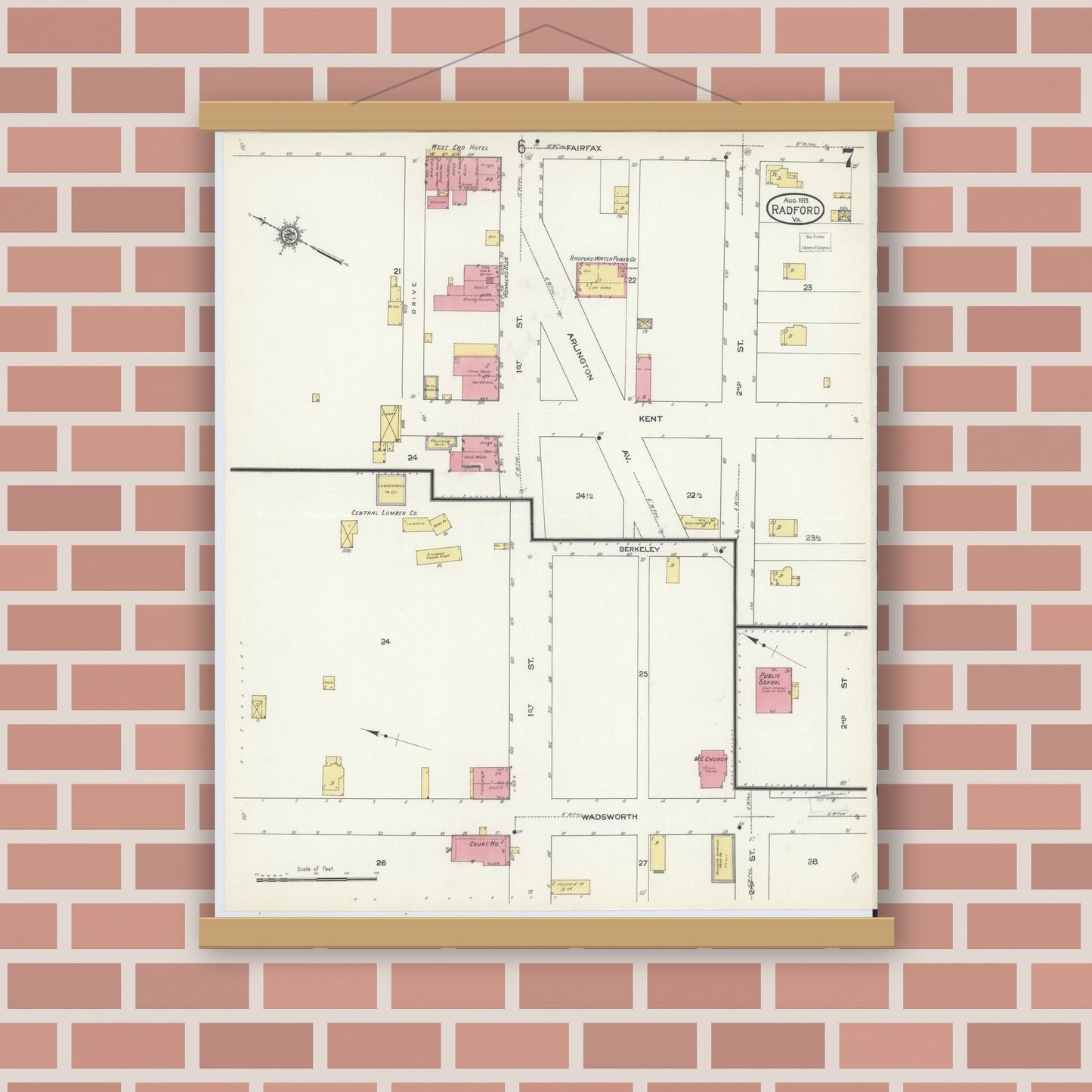 Old map wall art mockup — magnetic wood frame on brick wall — Sanborn Fire Insurance Map from Radford, Independent Cities, Virginia (1913), Sheet #0007
