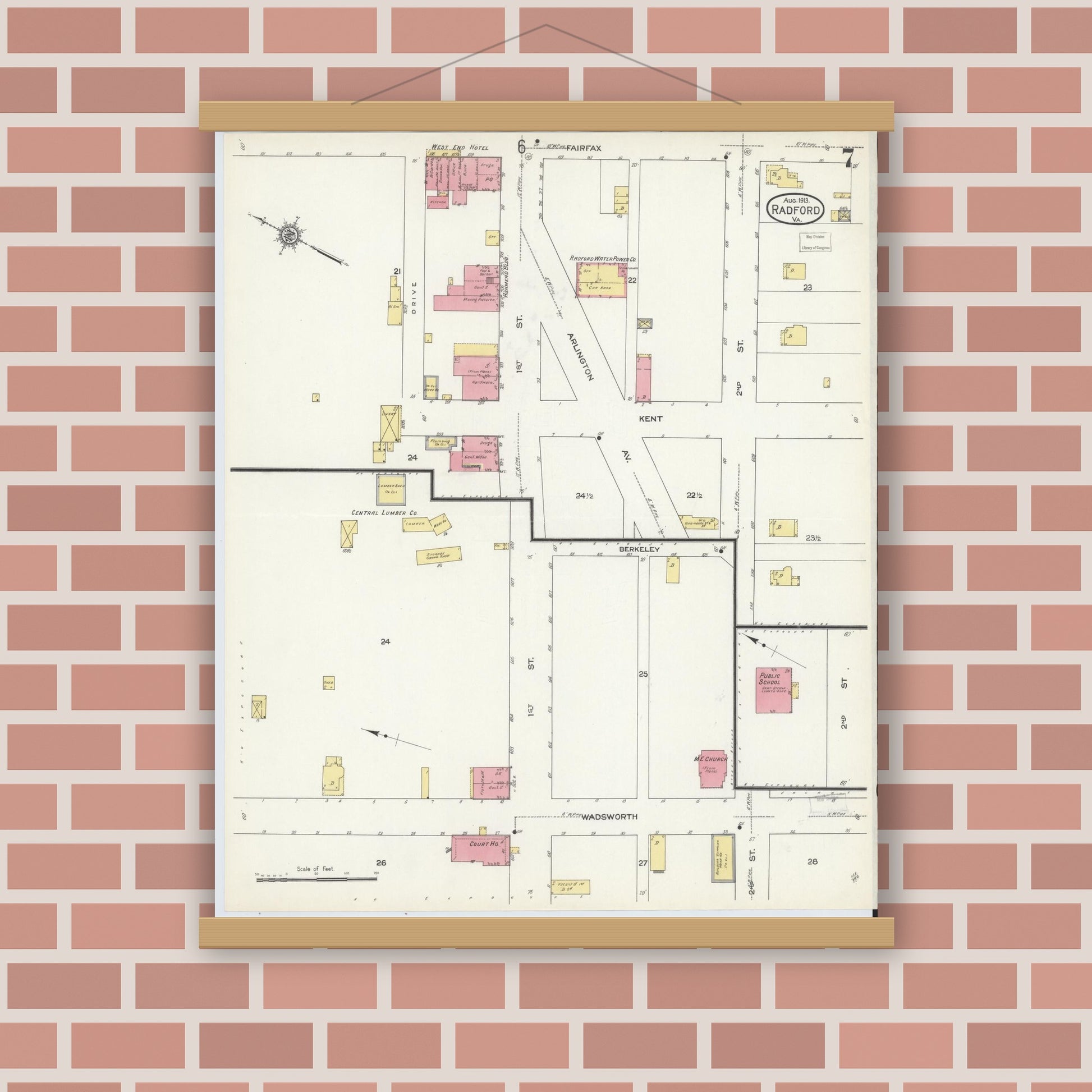Old map wall art mockup — magnetic wood frame on brick wall — Sanborn Fire Insurance Map from Radford, Independent Cities, Virginia (1913), Sheet #0007
