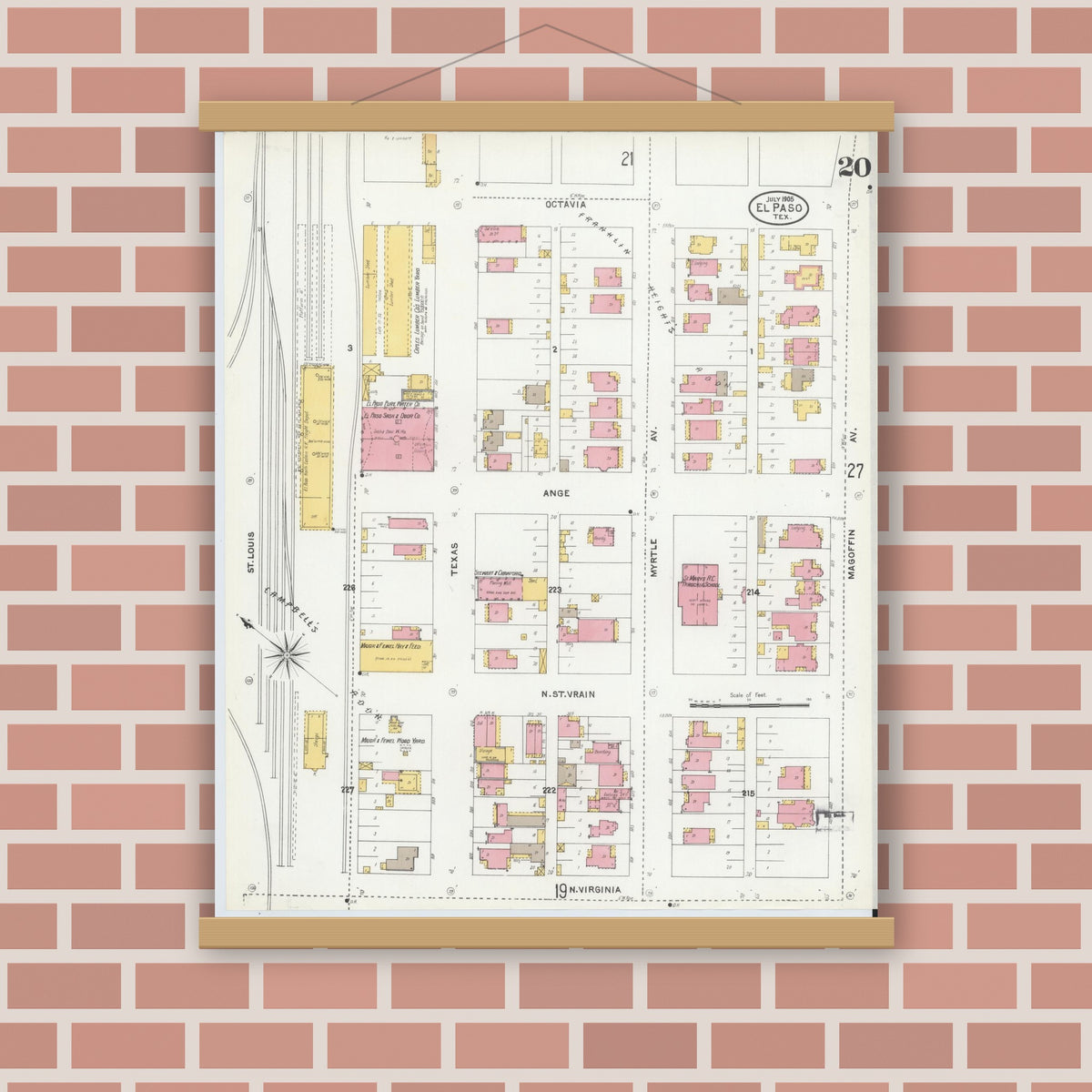 Old map wall art mockup — magnetic wood frame on brick wall — Sanborn Fire Insurance Map from El Paso, El Paso County, Texas (1905), Sheet #0020