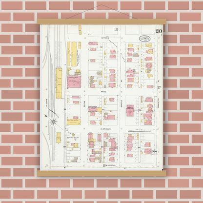 Old map wall art mockup — magnetic wood frame on brick wall — Sanborn Fire Insurance Map from El Paso, El Paso County, Texas (1905), Sheet #0020