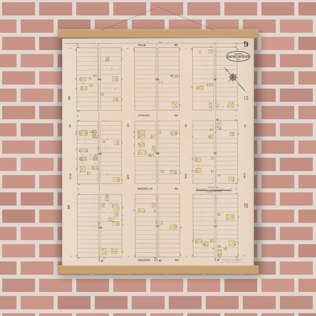 Old map wall art mockup — magnetic wood frame on brick wall — Sanborn Fire Insurance Map from Huntington Beach, Orange County, California (1922), Sheet #0009
