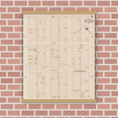 Old map wall art mockup — magnetic wood frame on brick wall — Sanborn Fire Insurance Map from Huntington Beach, Orange County, California (1922), Sheet #0009