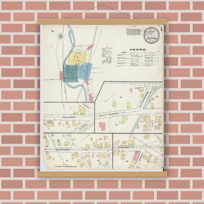 Old map wall art mockup — magnetic wood frame on brick wall — Sanborn Fire Insurance Map from Olyphant, Lackawanna County, Pennsylvania (1893), Sheet #0001