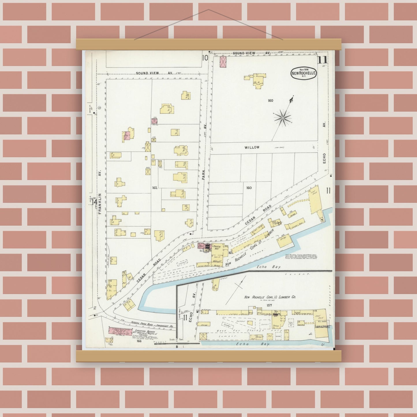 Old map wall art mockup — magnetic wood frame on brick wall — Sanborn Fire Insurance Map from New Rochelle, Westchester County, New York (1896), Sheet #0011
