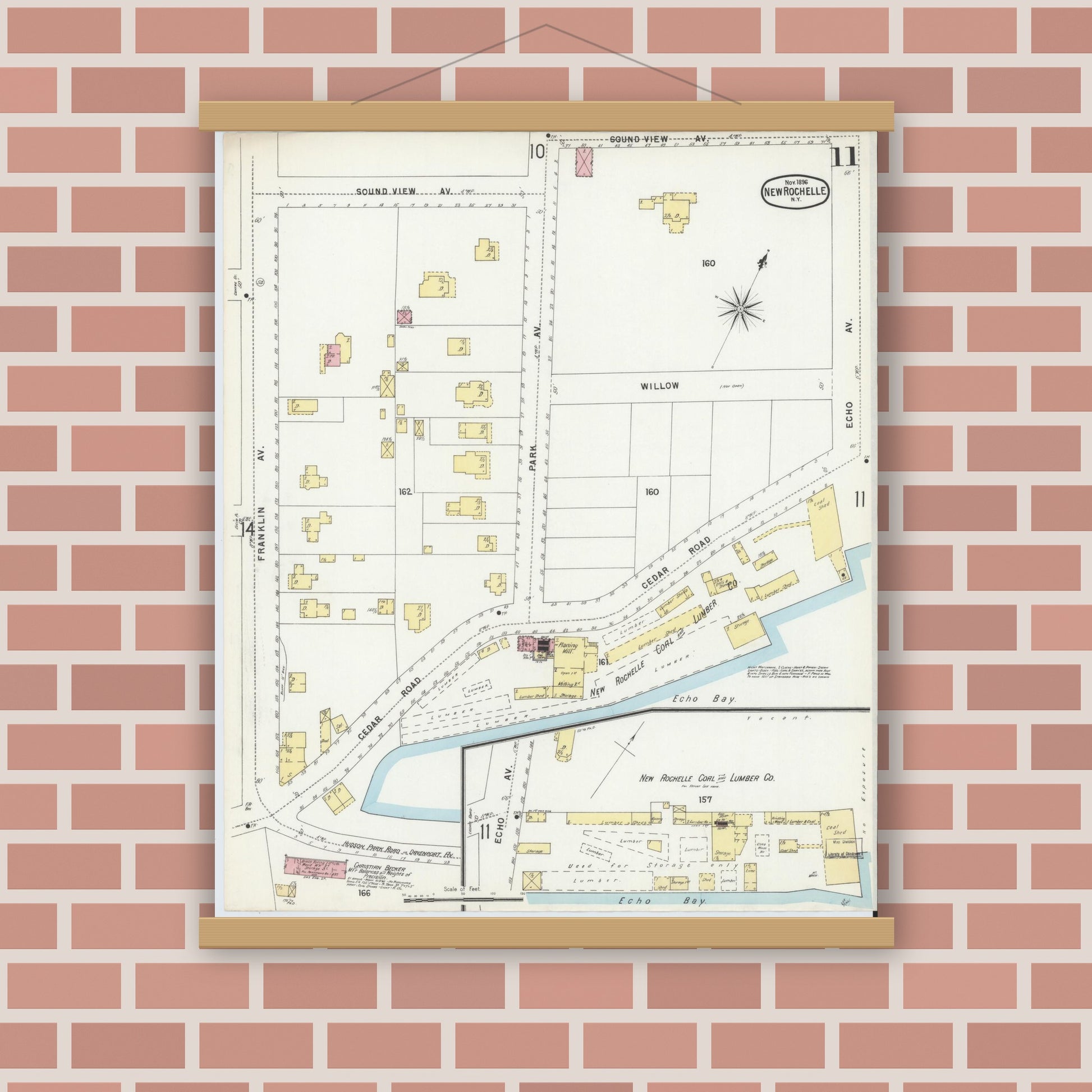 Old map wall art mockup — magnetic wood frame on brick wall — Sanborn Fire Insurance Map from New Rochelle, Westchester County, New York (1896), Sheet #0011