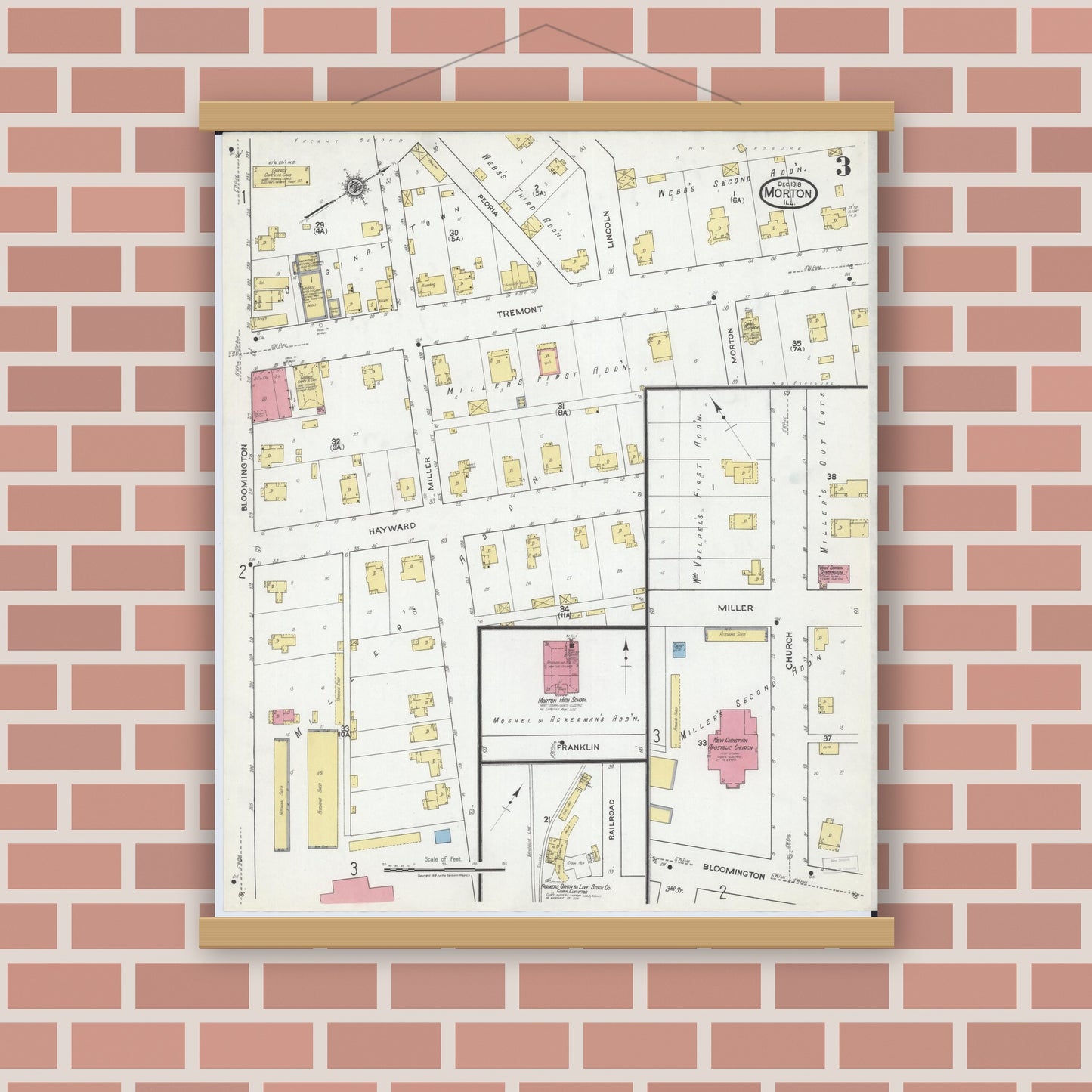 Old map wall art mockup — magnetic wood frame on brick wall — Sanborn Fire Insurance Map from Morton, Tazewell County, Illinois (1918), Sheet #0003