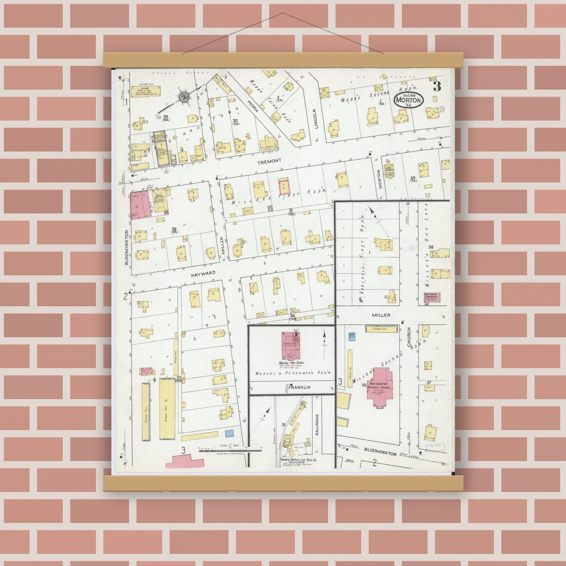 Old map wall art mockup — magnetic wood frame on brick wall — Sanborn Fire Insurance Map from Morton, Tazewell County, Illinois (1918), Sheet #0003