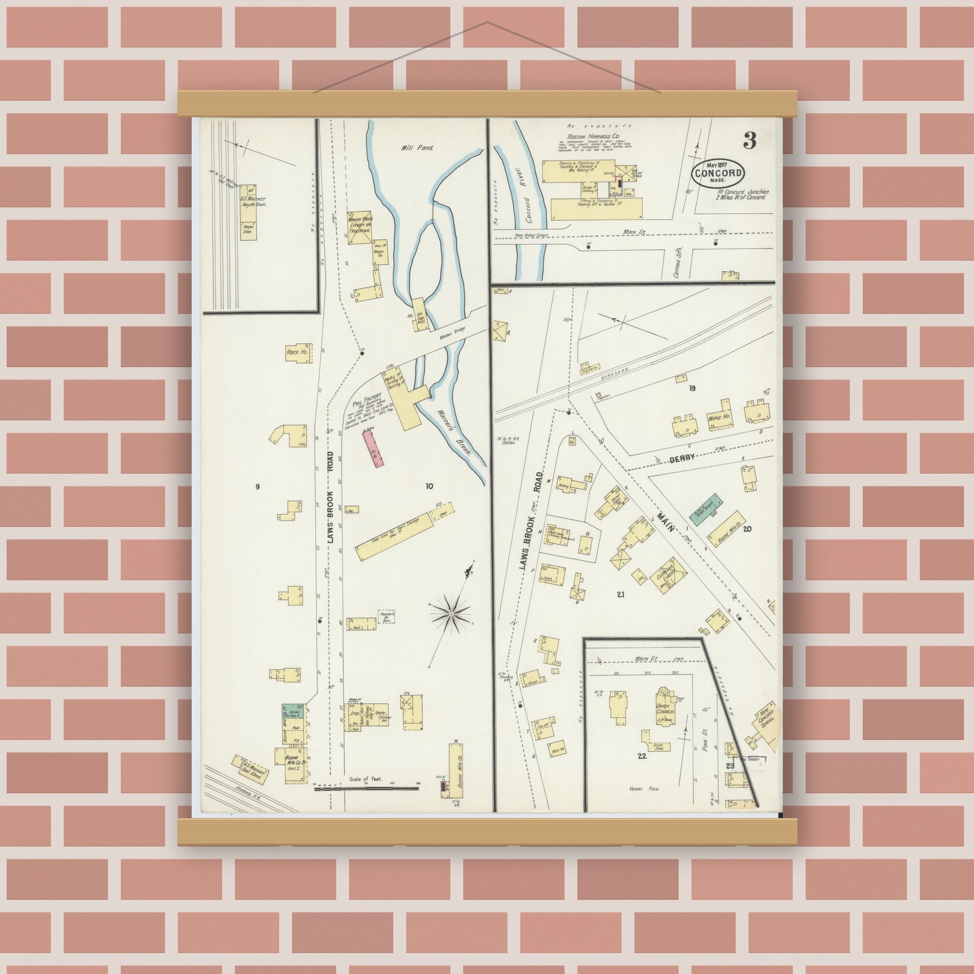 Old map wall art mockup — magnetic wood frame on brick wall — Sanborn Fire Insurance Map from Concord, Middlesex County, Massachusetts (1897), Sheet #0003