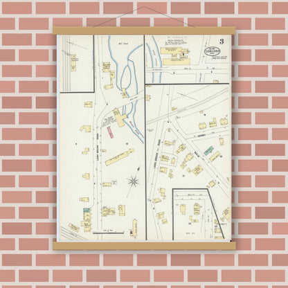 Old map wall art mockup — magnetic wood frame on brick wall — Sanborn Fire Insurance Map from Concord, Middlesex County, Massachusetts (1897), Sheet #0003