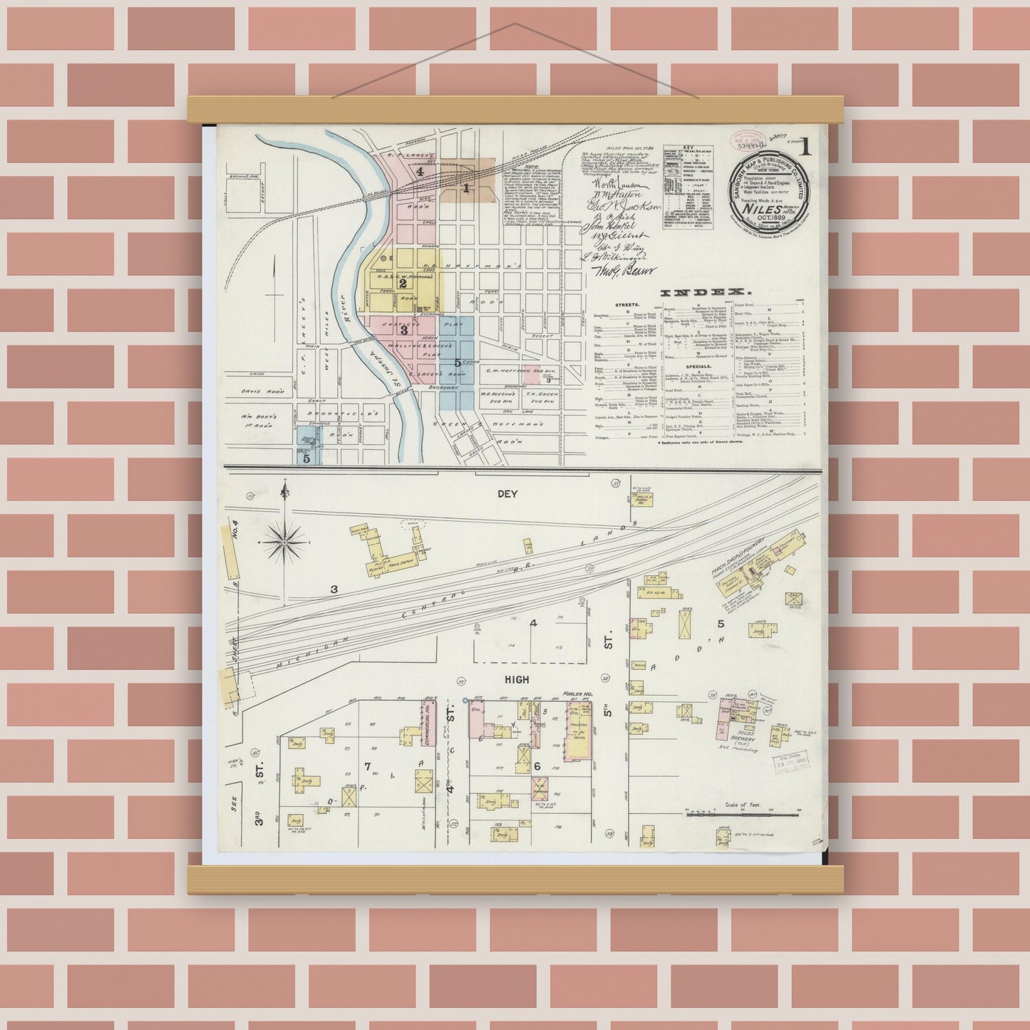 Old map wall art mockup — magnetic wood frame on brick wall — Sanborn Fire Insurance Map from Niles, Berrien County, Michigan (1889) - Complete Map Set