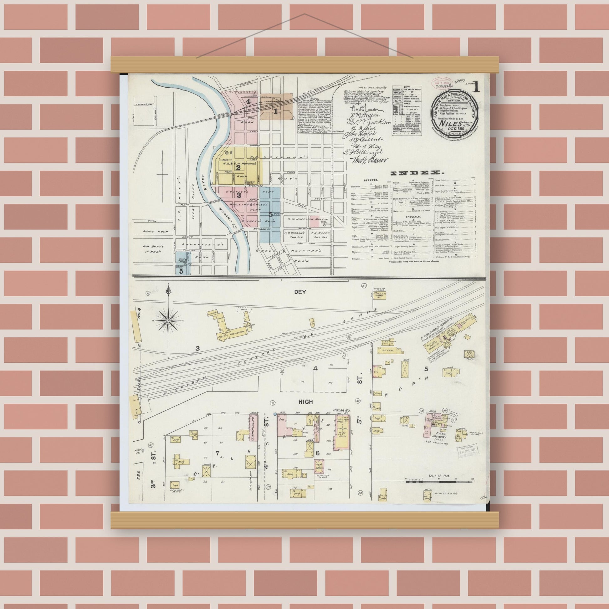Old map wall art mockup — magnetic wood frame on brick wall — Sanborn Fire Insurance Map from Niles, Berrien County, Michigan (1889) - Complete Map Set