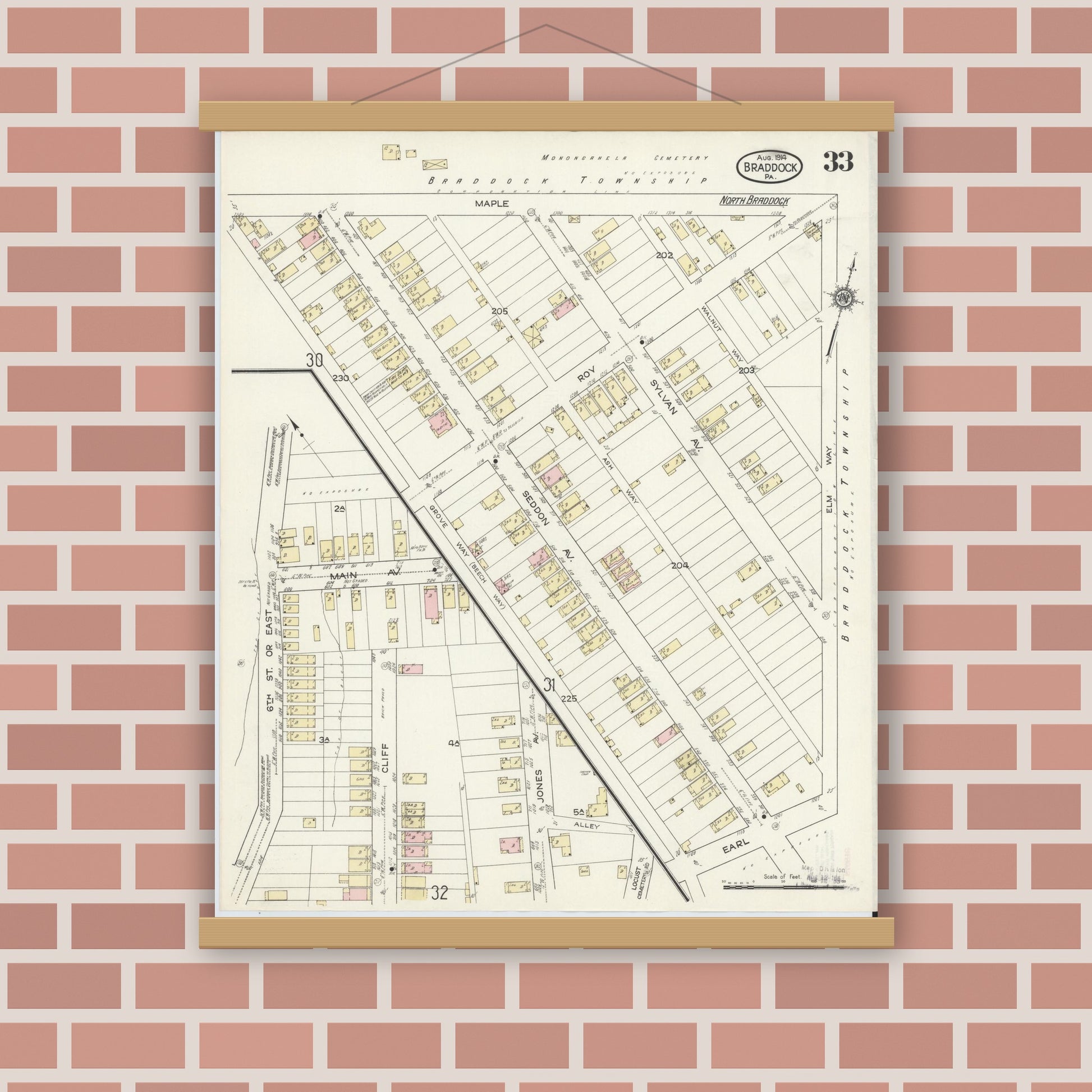 Old map wall art mockup — magnetic wood frame on brick wall — Sanborn Fire Insurance Map from Braddock, Allegheny County, Pennsylvania (1914), Sheet #0033