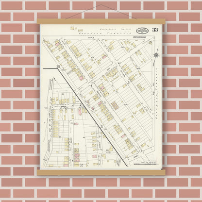 Old map wall art mockup — magnetic wood frame on brick wall — Sanborn Fire Insurance Map from Braddock, Allegheny County, Pennsylvania (1914), Sheet #0033