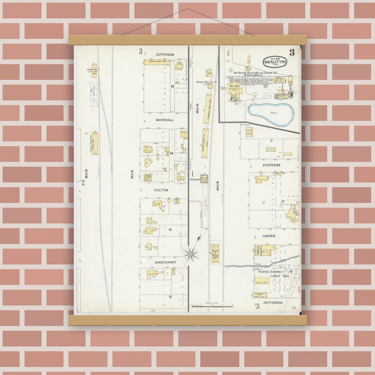 Old map wall art mockup — magnetic wood frame on brick wall — Sanborn Fire Insurance Map from Van Alstyne, Grayson County, Texas (1896), Sheet #0003