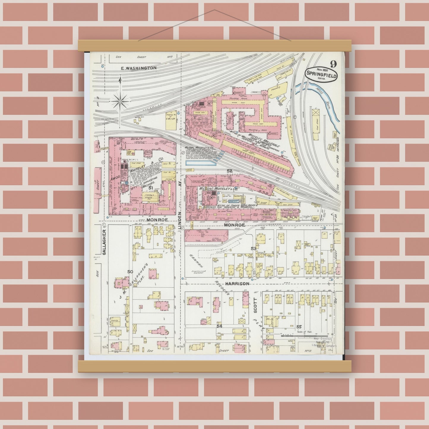 Old map wall art mockup — magnetic wood frame on brick wall — Sanborn Fire Insurance Map from Springfield, Clark County, Ohio (1891), Sheet #0009