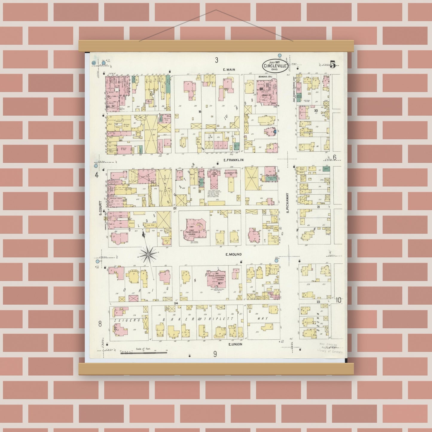 Old map wall art mockup — magnetic wood frame on brick wall — Sanborn Fire Insurance Map from Circleville, Pickaway County, Ohio (1907), Sheet #0005