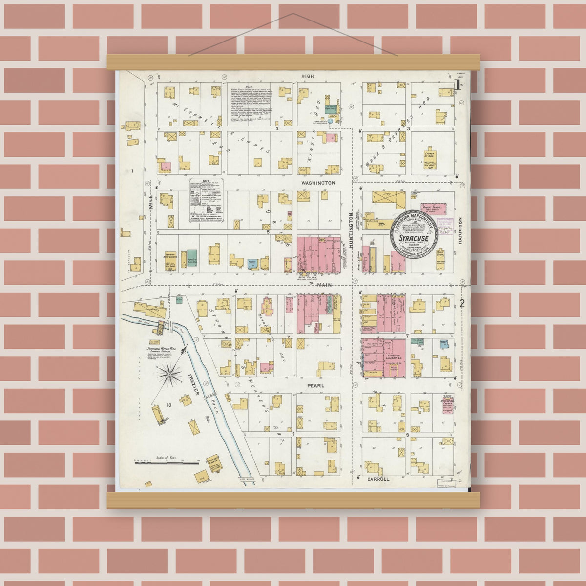 Old map wall art mockup — magnetic wood frame on brick wall — Sanborn Fire Insurance Map from Syracuse, Kosciusko County, Indiana (1905) - Complete Map Set