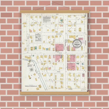 Old map wall art mockup — magnetic wood frame on brick wall — Sanborn Fire Insurance Map from Syracuse, Kosciusko County, Indiana (1905) - Complete Map Set