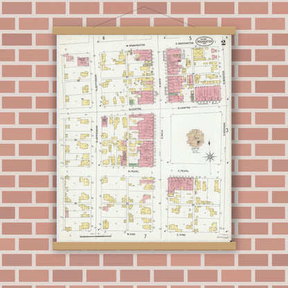 Old map wall art mockup — magnetic wood frame on brick wall — Sanborn Fire Insurance Map from Rochester, Fulton County, Indiana (1901), Sheet #0002