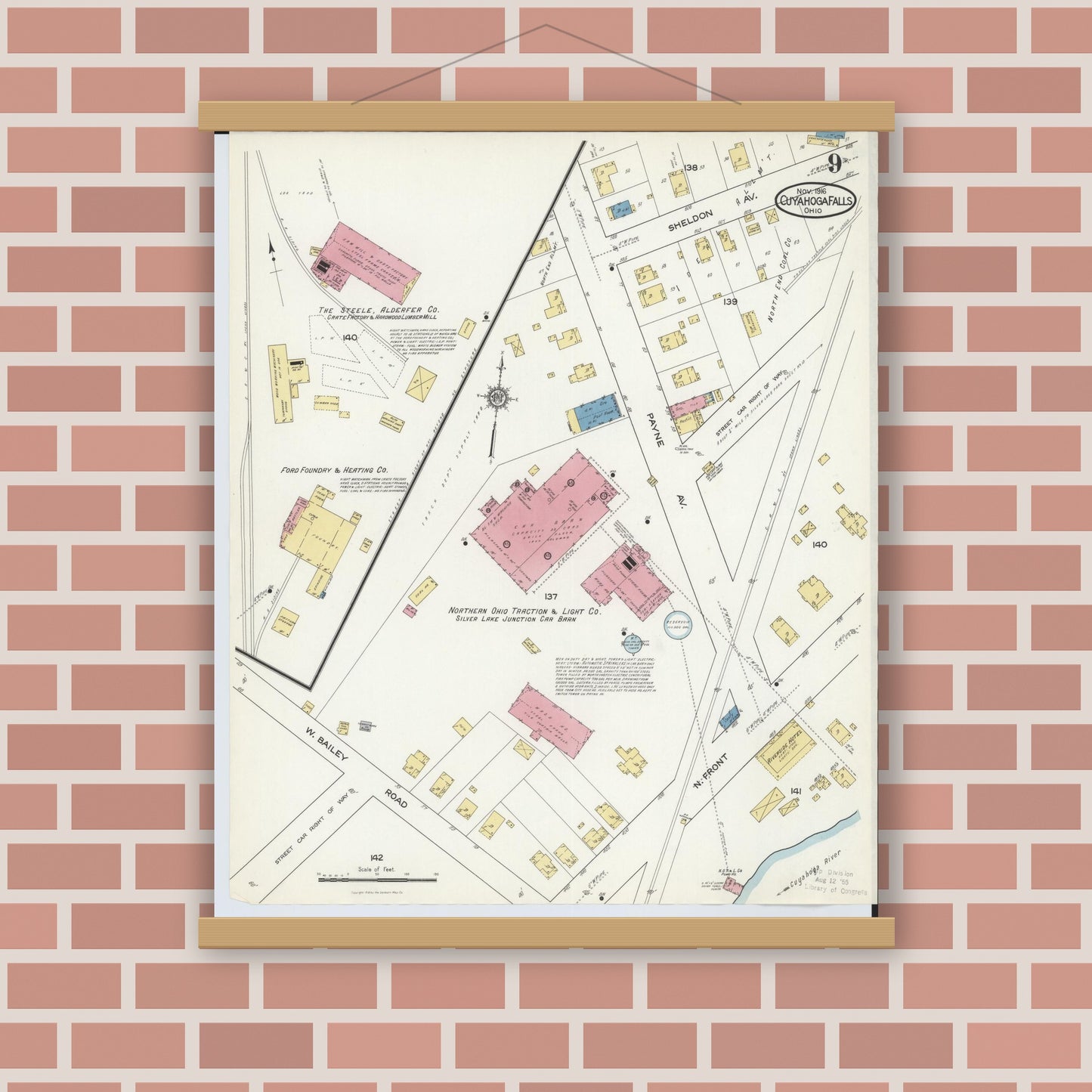 Old map wall art mockup — magnetic wood frame on brick wall — Sanborn Fire Insurance Map from Cuyahoga Falls, Summit County, Ohio (1916), Sheet #0009
