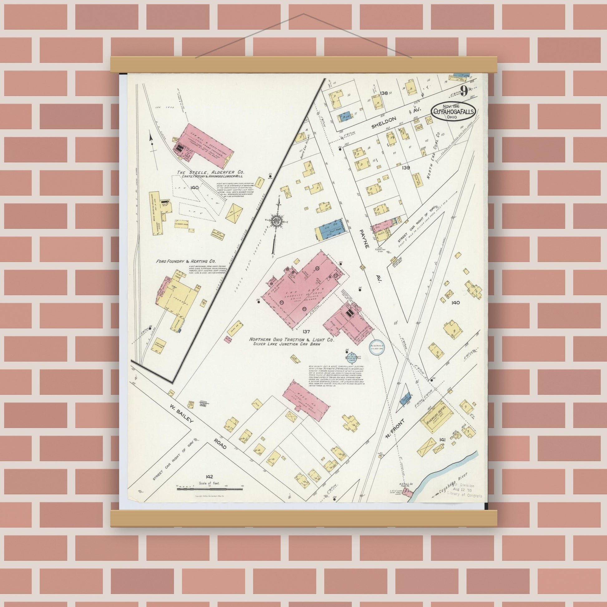 Old map wall art mockup — magnetic wood frame on brick wall — Sanborn Fire Insurance Map from Cuyahoga Falls, Summit County, Ohio (1916), Sheet #0009