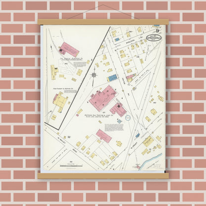 Old map wall art mockup — magnetic wood frame on brick wall — Sanborn Fire Insurance Map from Cuyahoga Falls, Summit County, Ohio (1916), Sheet #0009