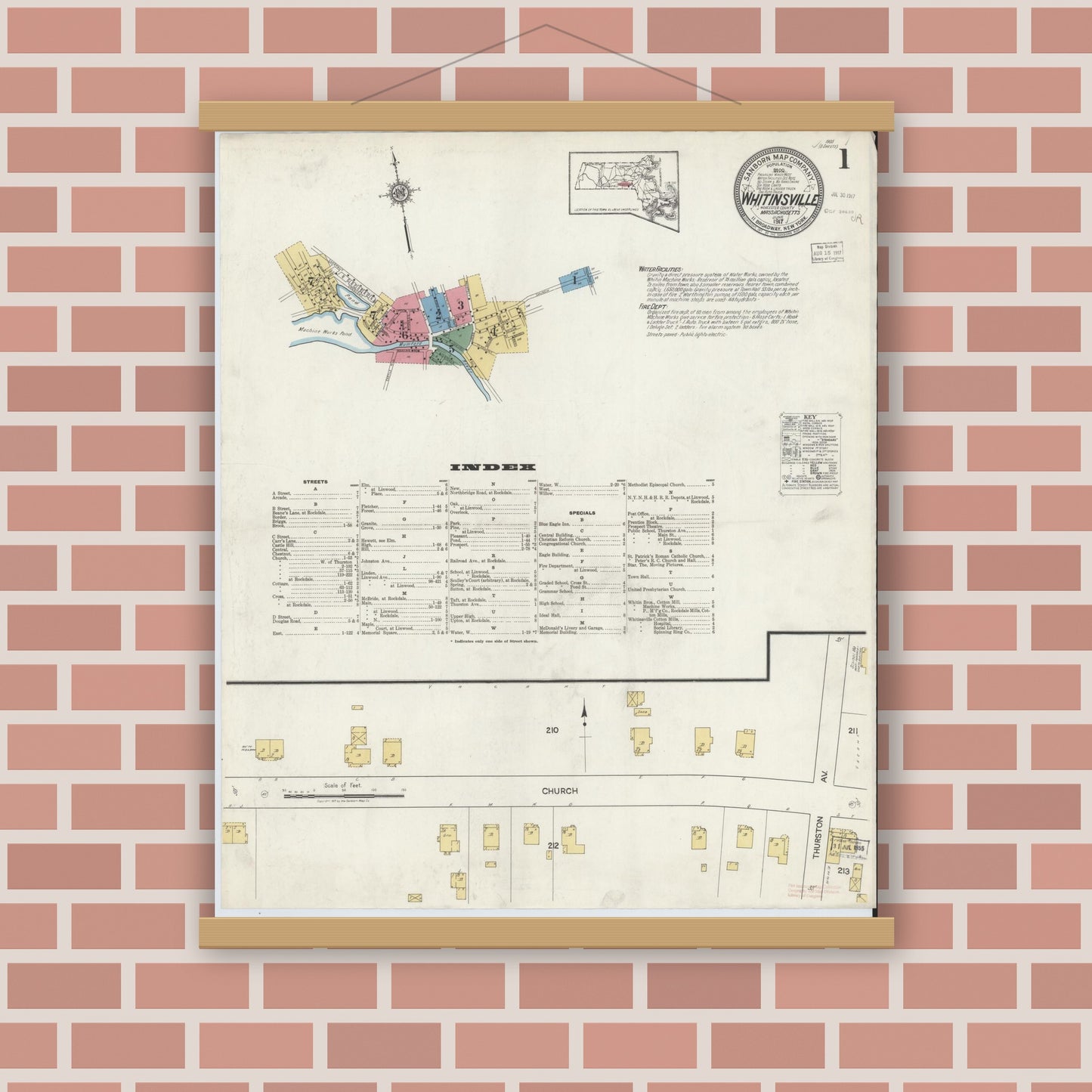 Old map wall art mockup — magnetic wood frame on brick wall — Sanborn Fire Insurance Map from Whitinsville, Worcester County, Massachusetts (1917), Sheet #0001