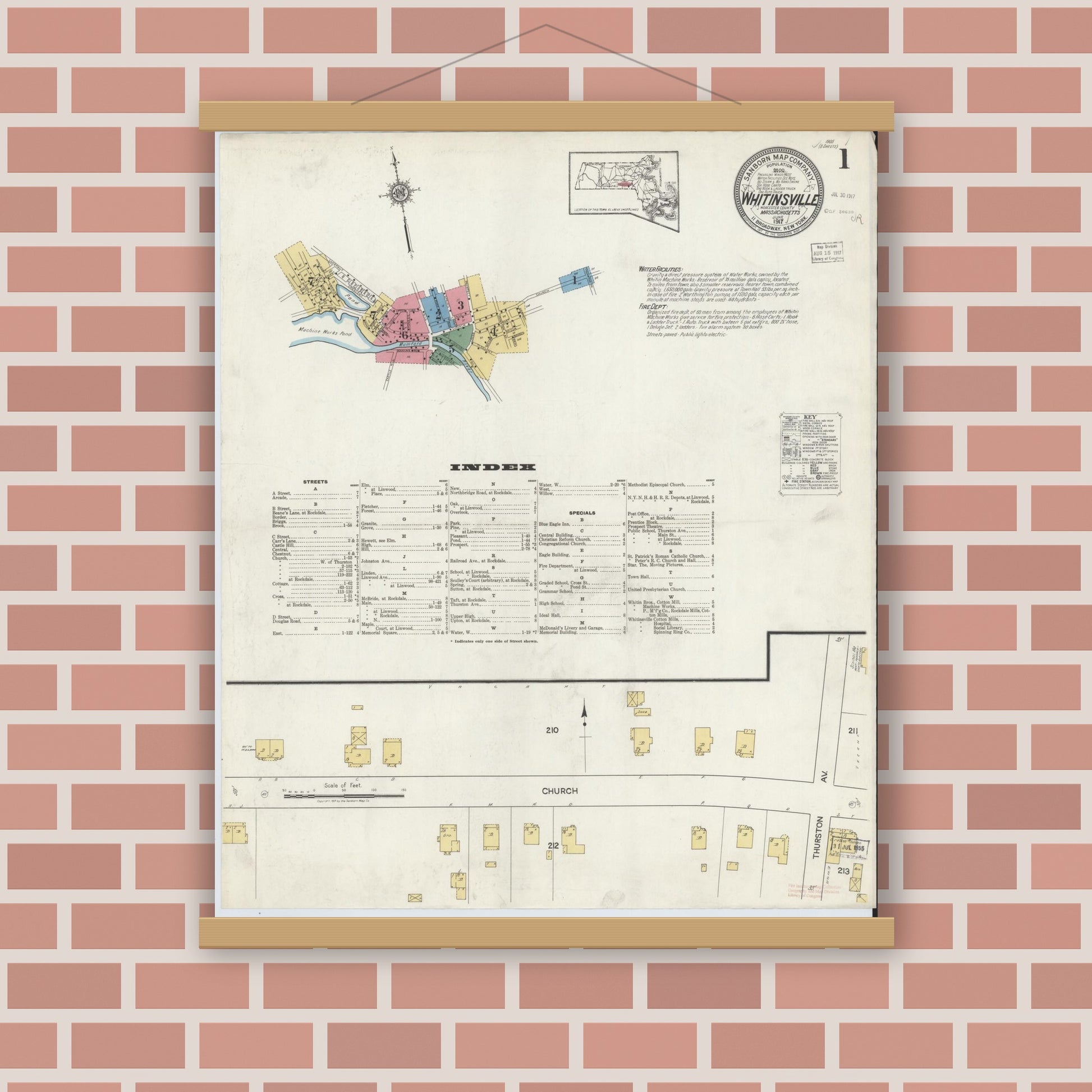 Old map wall art mockup — magnetic wood frame on brick wall — Sanborn Fire Insurance Map from Whitinsville, Worcester County, Massachusetts (1917), Sheet #0001