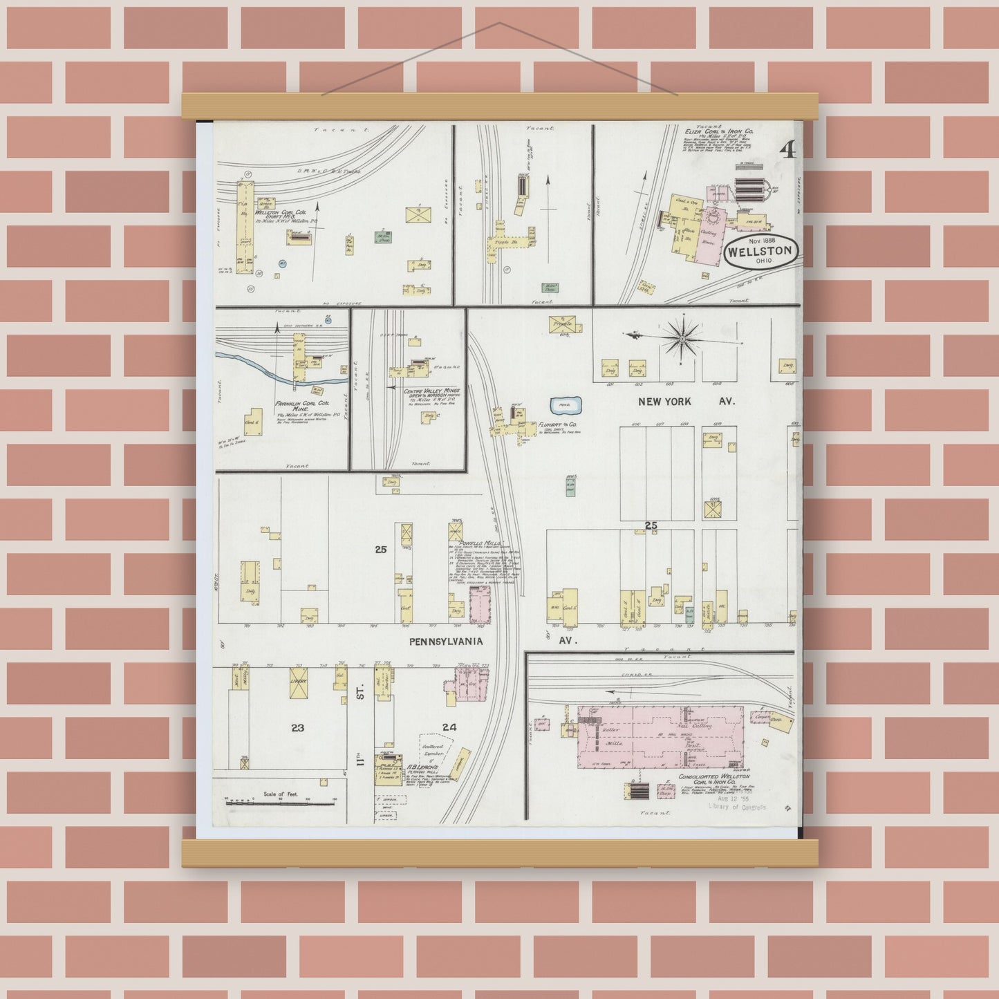 Old map wall art mockup — magnetic wood frame on brick wall — Sanborn Fire Insurance Map from Wellston, Jackson County, Ohio (1888), Sheet #0004