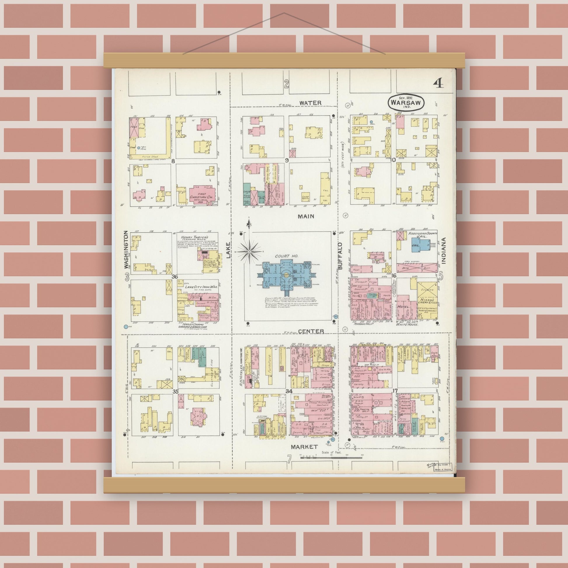 Old map wall art mockup — magnetic wood frame on brick wall — Sanborn Fire Insurance Map from Warsaw, Kosciusko County, Indiana (1892), Sheet #0004