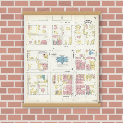 Old map wall art mockup — magnetic wood frame on brick wall — Sanborn Fire Insurance Map from Warsaw, Kosciusko County, Indiana (1892), Sheet #0004