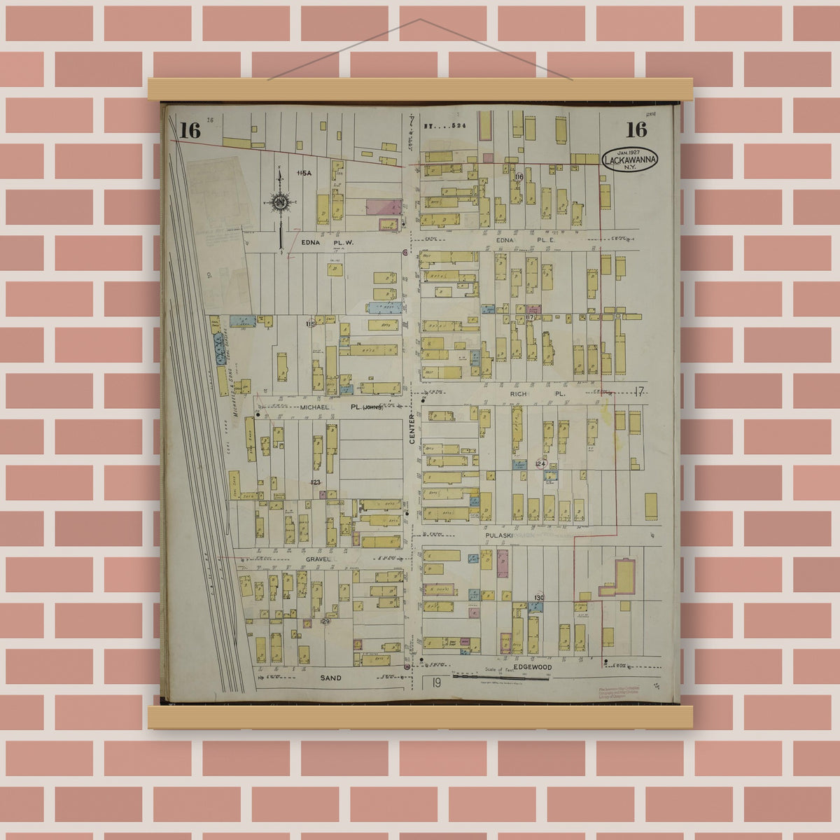 Old map wall art mockup — magnetic wood frame on brick wall — Sanborn Fire Insurance Map from Lackawanna, Erie County, New York (1950), Sheet #0016