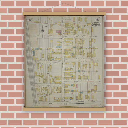 Old map wall art mockup — magnetic wood frame on brick wall — Sanborn Fire Insurance Map from Lackawanna, Erie County, New York (1950), Sheet #0016