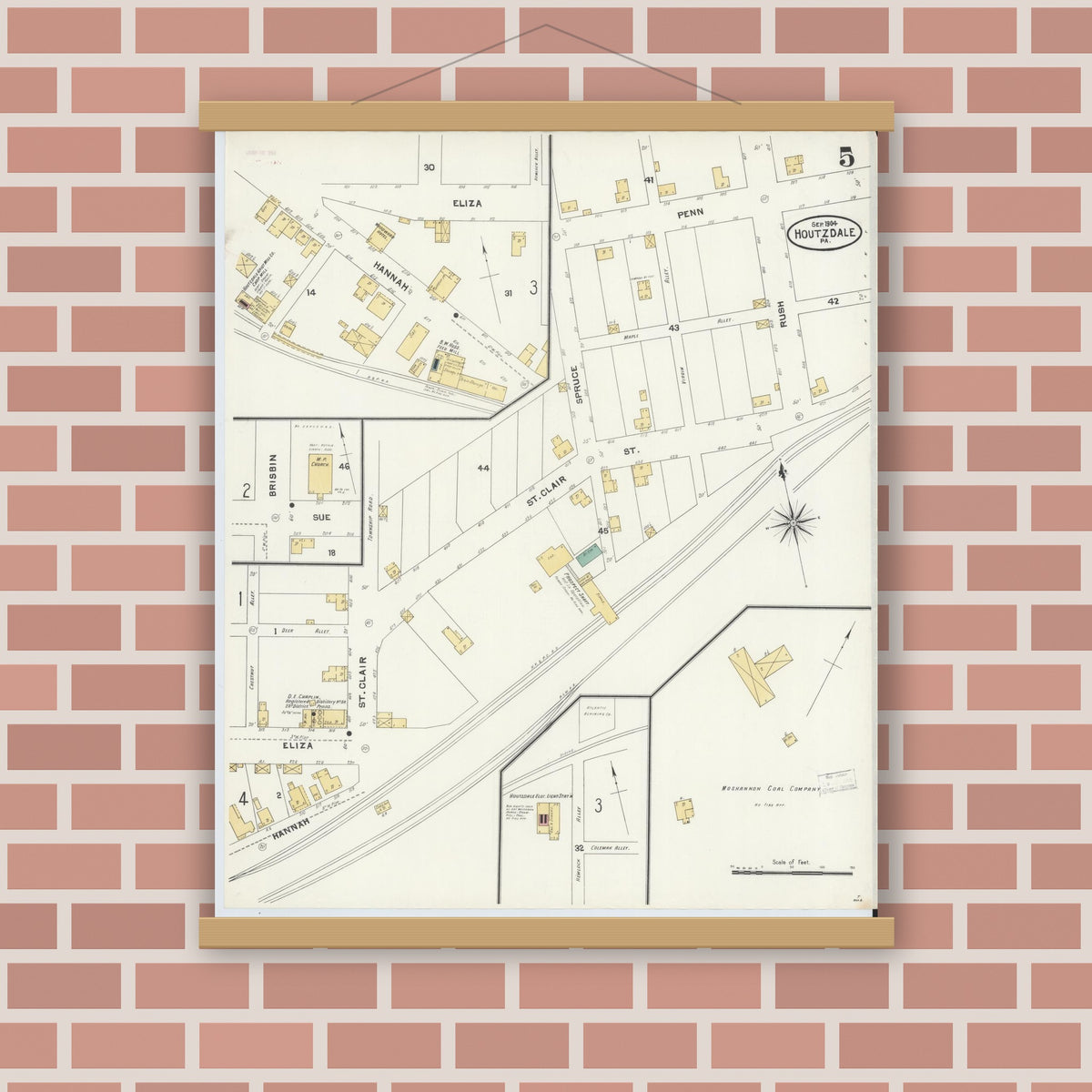 Old map wall art mockup — magnetic wood frame on brick wall — Sanborn Fire Insurance Map from Houtzdale, Clearfield County, Pennsylvania (1904), Sheet #0005