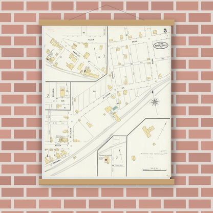 Old map wall art mockup — magnetic wood frame on brick wall — Sanborn Fire Insurance Map from Houtzdale, Clearfield County, Pennsylvania (1904), Sheet #0005