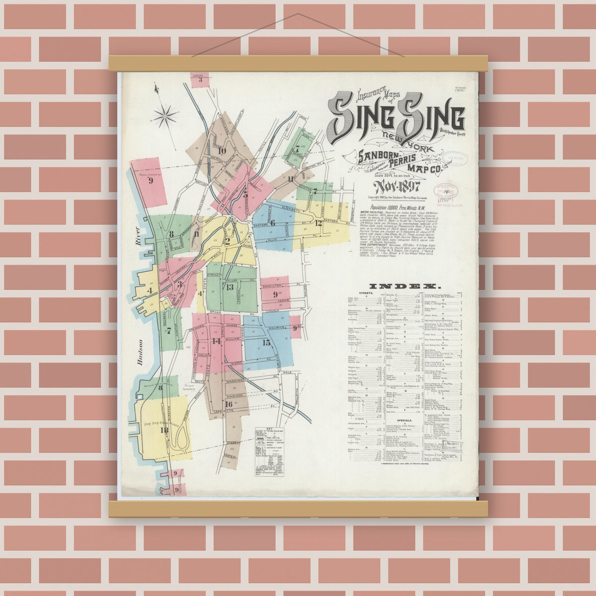 Old map wall art mockup — magnetic wood frame on brick wall — Sanborn Fire Insurance Map from Sing Sing, Westchester County, New York (1897), Sheet #0001