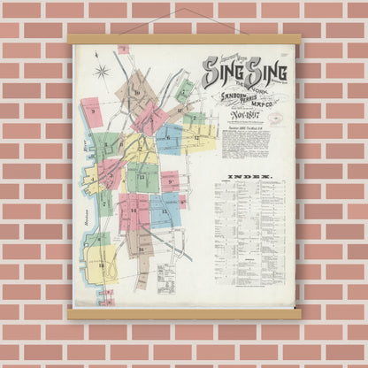 Old map wall art mockup — magnetic wood frame on brick wall — Sanborn Fire Insurance Map from Sing Sing, Westchester County, New York (1897), Sheet #0001