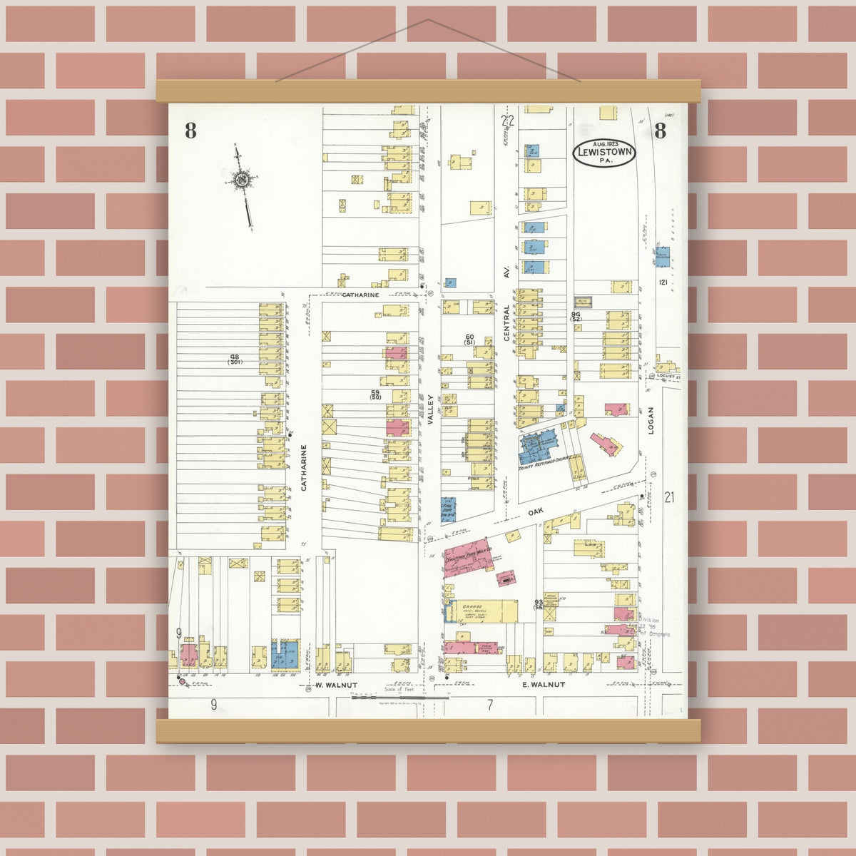 Old map wall art mockup — magnetic wood frame on brick wall — Sanborn Fire Insurance Map from Lewistown, Mifflin County, Pennsylvania (1923), Sheet #0008