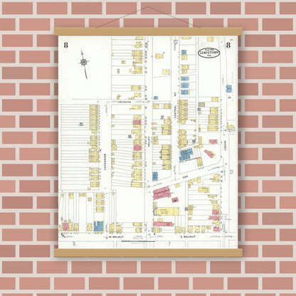 Old map wall art mockup — magnetic wood frame on brick wall — Sanborn Fire Insurance Map from Lewistown, Mifflin County, Pennsylvania (1923), Sheet #0008