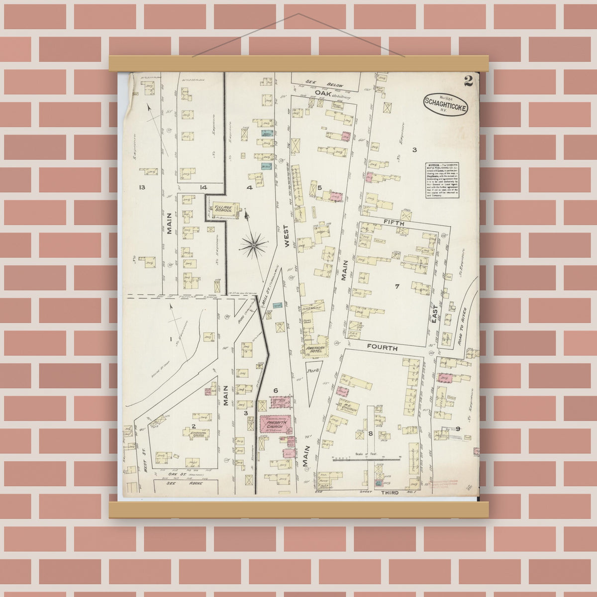 Old map wall art mockup — magnetic wood frame on brick wall — Sanborn Fire Insurance Map from Schaghticoke, Rensselaer County, New York (1884), Sheet #0002