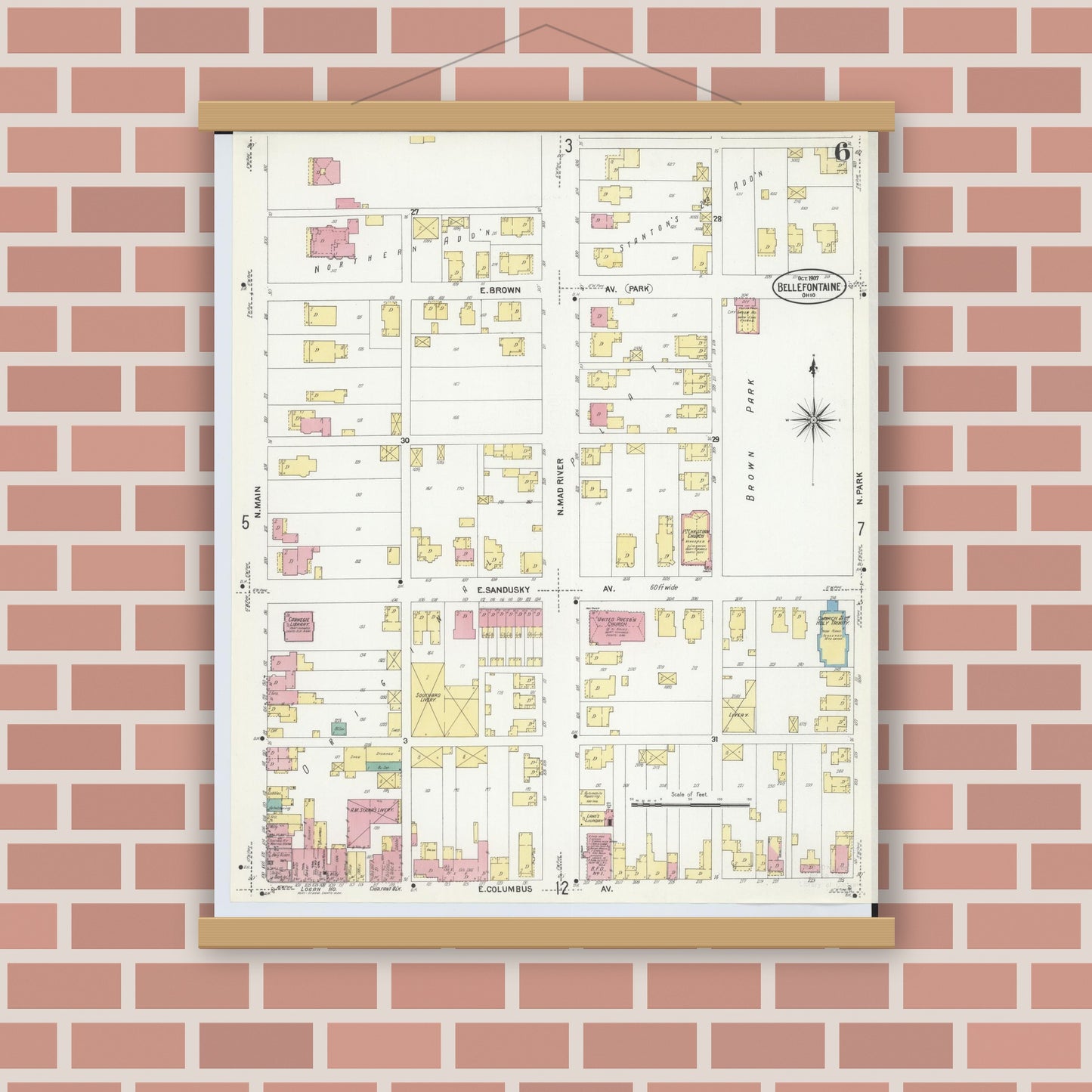 Old map wall art mockup — magnetic wood frame on brick wall — Sanborn Fire Insurance Map from Bellefontaine, Logan County, Ohio (1907), Sheet #0006