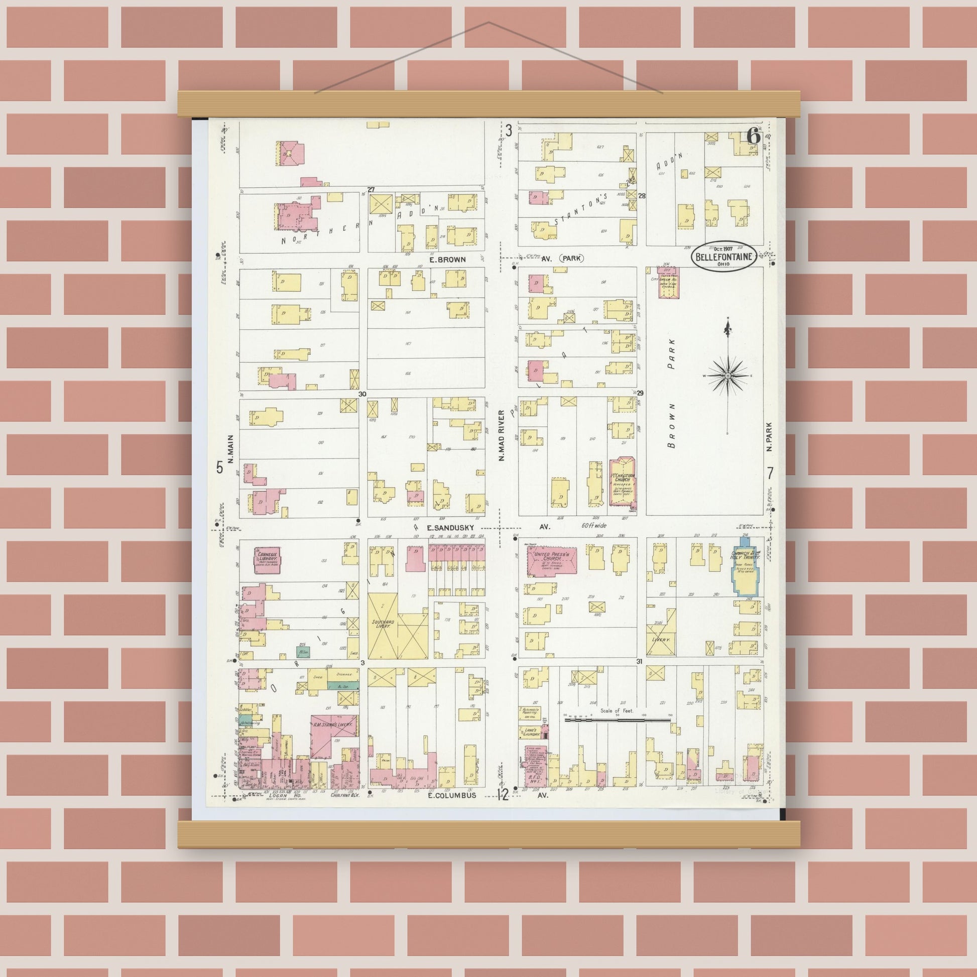 Old map wall art mockup — magnetic wood frame on brick wall — Sanborn Fire Insurance Map from Bellefontaine, Logan County, Ohio (1907), Sheet #0006
